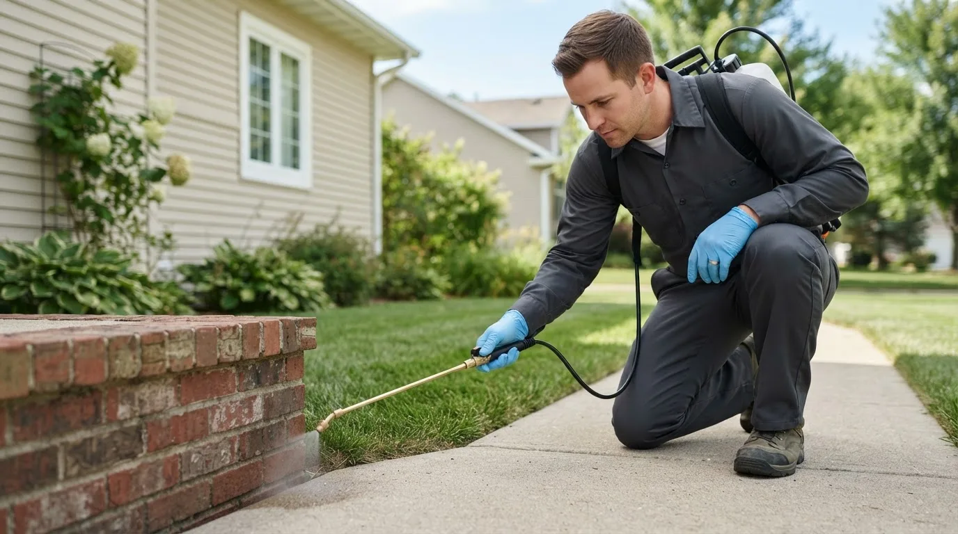 Pest control technician treating a home near Colwich, KS